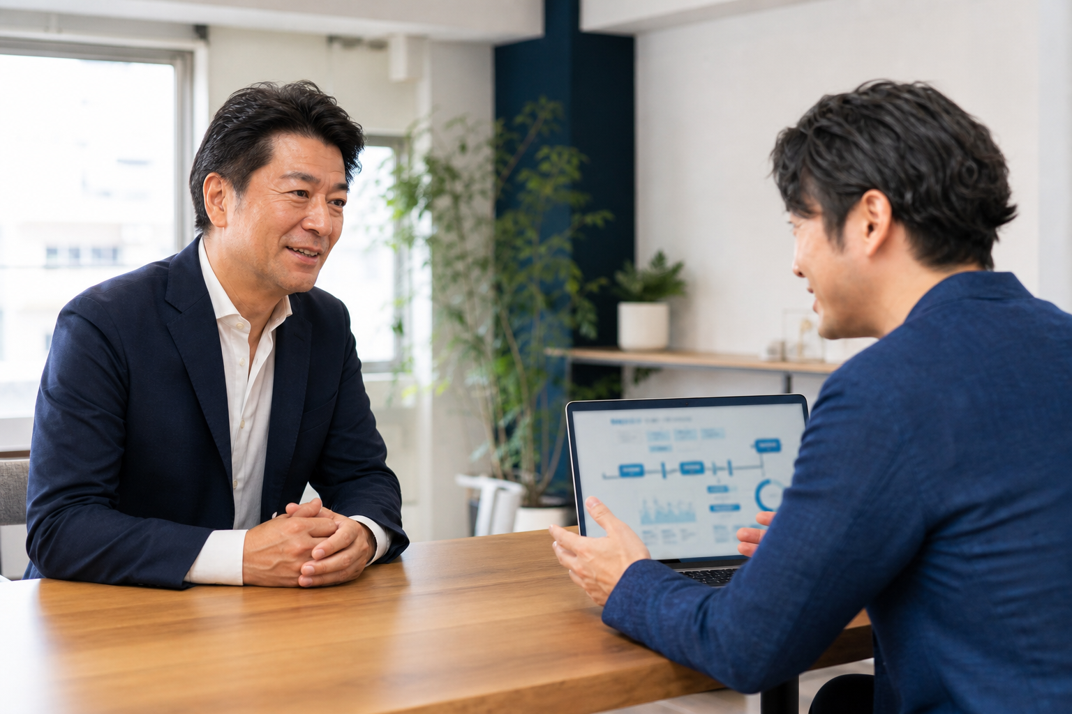 中小企業の経営者とAI顧問が業務について話し合う様子