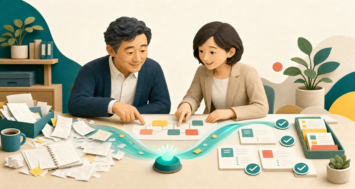 中小企業の経営者とAI顧問が、散らかった仕事を整理された仕組みに変えているイメージ