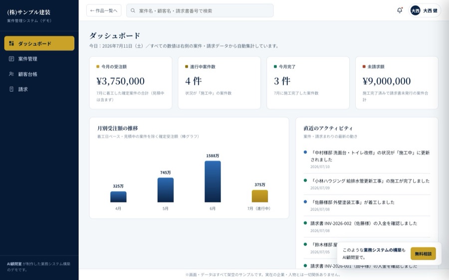 案件・顧客・請求がつながる業務システムのデモ画面